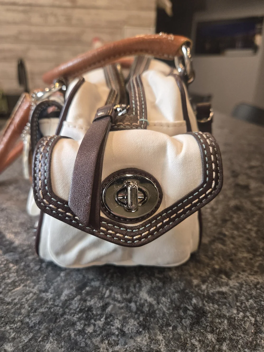 Coach Cream Satchel with Brown Trim and Flower Charm Accent